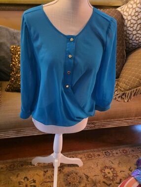 bebe Teal Long-Sleeve Button Front Blouse